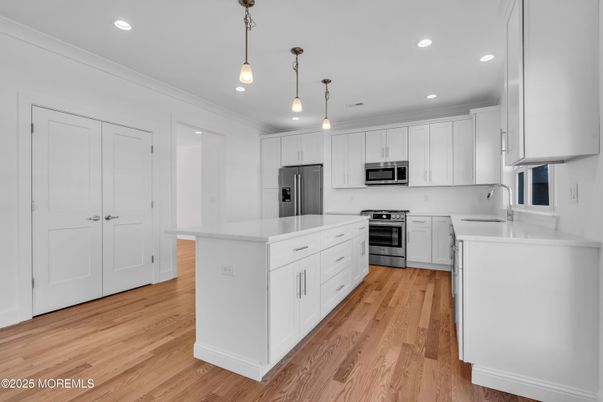 Interior, Kitchen, Pendant Lights, Recessed Lighting, Stainless Steel Appliances, Wood Texture Flooring
