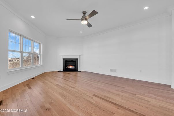 Empty room, Fireplace, Interior, Recessed Lighting, Wood Texture Flooring