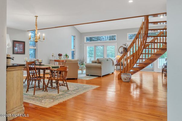 Chandelier, Dining room, Interior, Living room, Recessed Lighting, Wood Texture Flooring