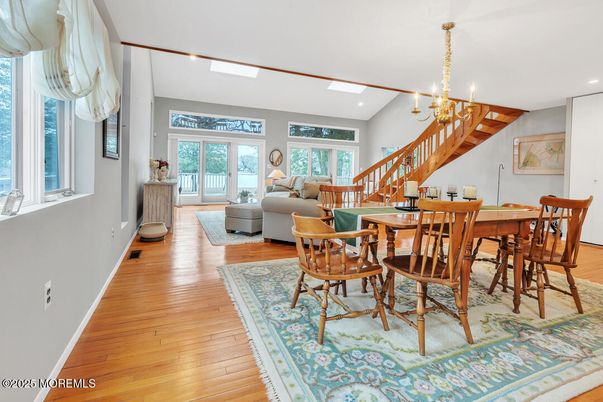 Chandelier, Dining room, Interior, Living room, Recessed Lighting, Wood Texture Flooring