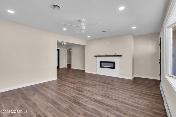 Empty room, Fireplace, Interior, Recessed Lighting, Wood Texture Flooring