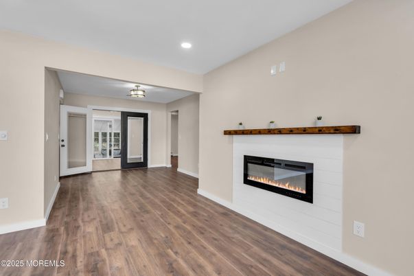 Empty room, Fireplace, Interior, Recessed Lighting, Wood Texture Flooring