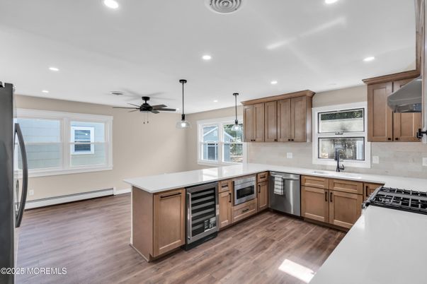 Interior, Kitchen, Pendant Lights, Recessed Lighting, Stainless Steel Appliances, Wood Texture Flooring