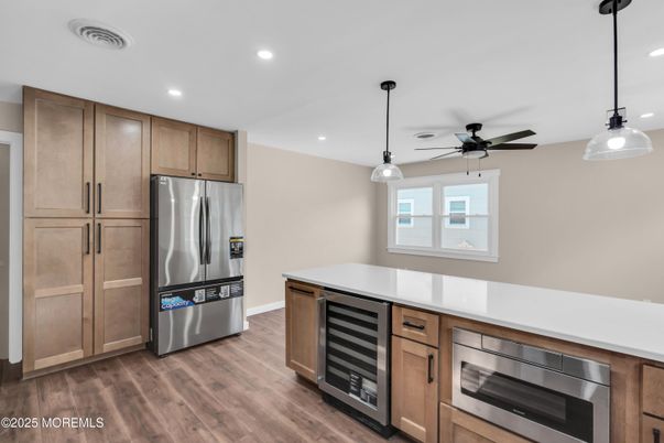 Interior, Kitchen, Pendant Lights, Recessed Lighting, Stainless Steel Appliances, Wood Texture Flooring