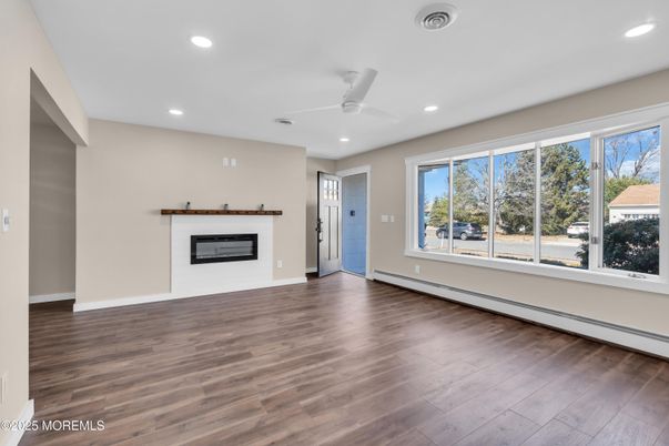 Empty room, Fireplace, Interior, Recessed Lighting, Wood Texture Flooring