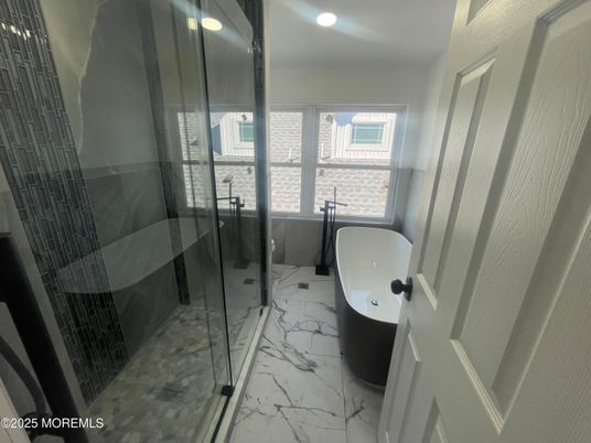 Bathroom, Free Standing Baths, Glass Shower, Interior, Marble, Recessed Lighting