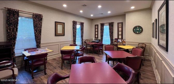 Dining room, Interior, Recessed Lighting, Wood Texture Flooring