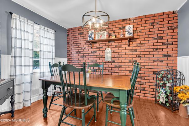 Dining room, Interior, Pendant Lights, Stone Walls, Wood Texture Flooring