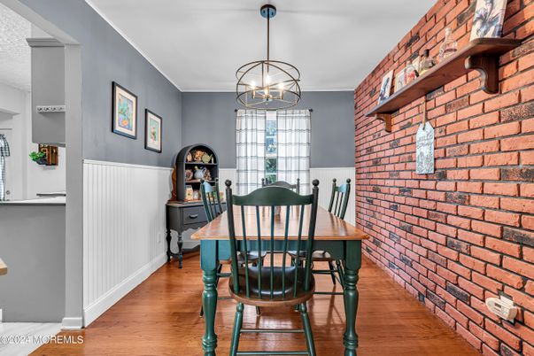Dining room, Interior, Pendant Lights, Stone Walls, Wood Texture Flooring