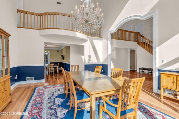 Chandelier, Dining room, Interior, Wood Texture Flooring