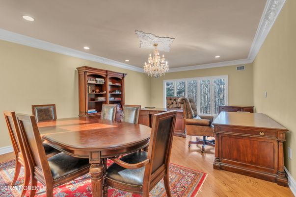 Chandelier, Home Office, Interior, Recessed Lighting, Wood Texture Flooring