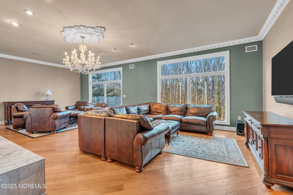 Chandelier, Interior, Living room, Recessed Lighting, Wood Texture Flooring