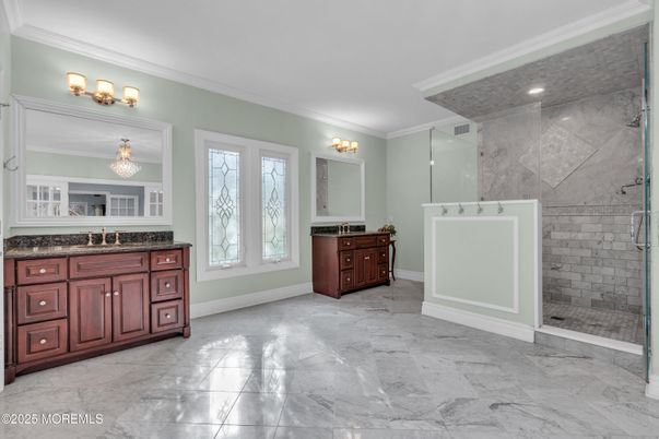 Bathroom, Glass Shower, Interior, Marble, Marble Walls, Recessed Lighting