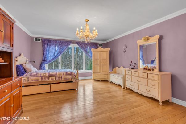 Bedroom, Chandelier, Interior, Wood Texture Flooring
