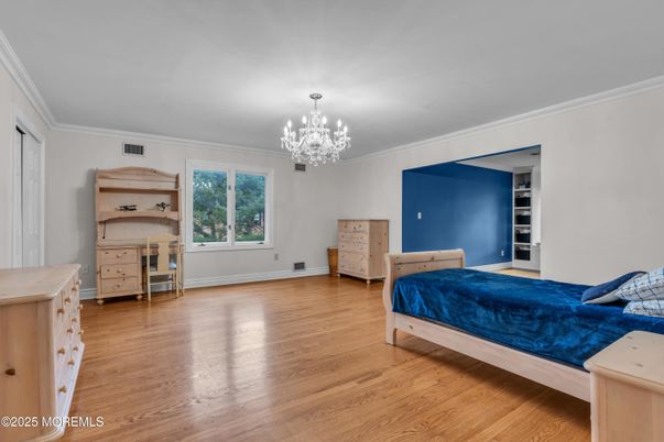 Bedroom, Chandelier, Interior, Wood Texture Flooring