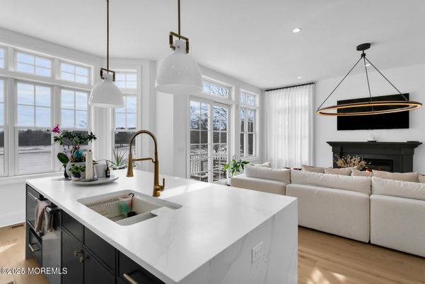 Fireplace, Interior, Kitchen, Living room, Pendant Lights, Recessed Lighting, Wood Texture Flooring