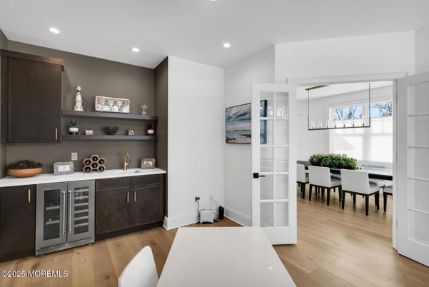 Dining room, Interior, Pendant Lights, Recessed Lighting, Wood Texture Flooring