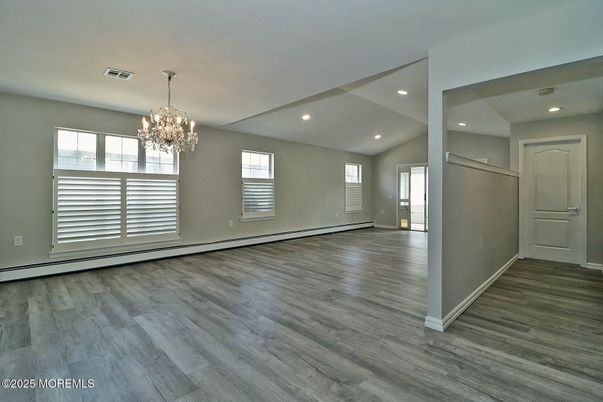 Chandelier, Empty room, Interior, Recessed Lighting, Wood Texture Flooring