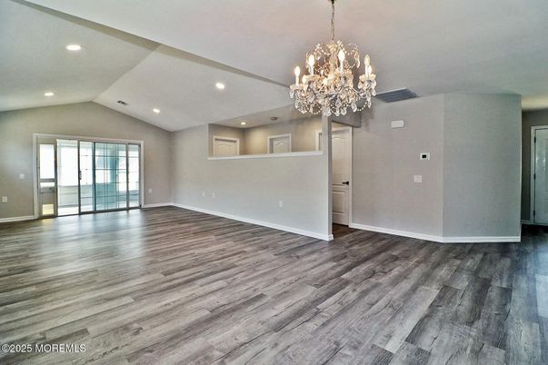 Chandelier, Empty room, Interior, Recessed Lighting, Wood Texture Flooring