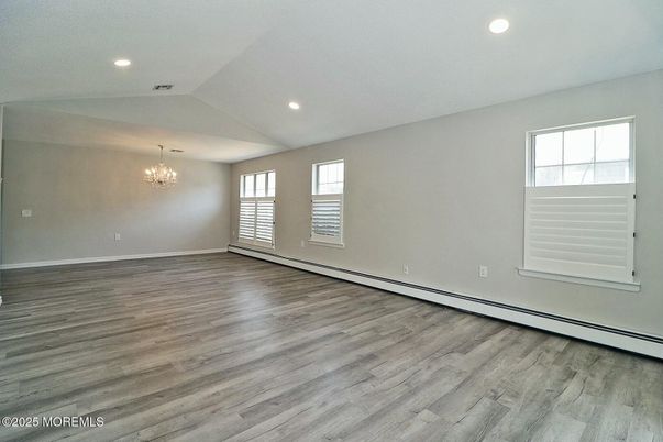 Chandelier, Empty room, Interior, Recessed Lighting, Wood Texture Flooring