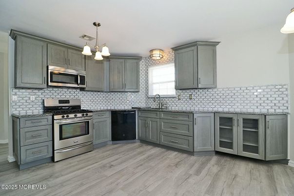 Interior, Kitchen, Pendant Lights, Stainless Steel Appliances, Wood Texture Flooring