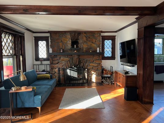 Fireplace, Interior, Recessed Lighting, Stone Walls, Wood Texture Flooring