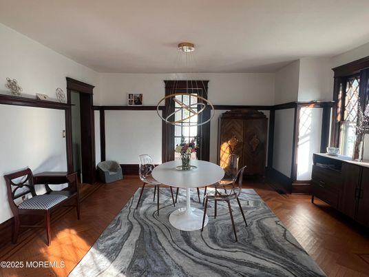 Dining room, Fireplace, Interior, Pendant Lights, Wood Texture Flooring
