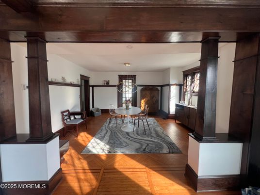 Dining room, Fireplace, Interior, Wooden Beams, Wood Texture Flooring