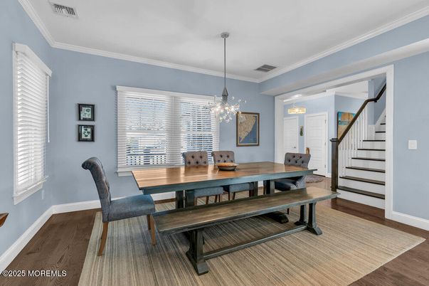 Dining room, Interior, Pendant Lights, Wood Texture Flooring