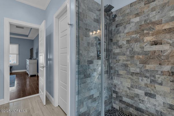 Bathroom, Glass Shower, Interior, Stone Walls, Wood Texture Flooring