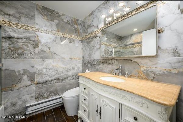 Bathroom, Interior, Marble Walls, Wood Texture Flooring