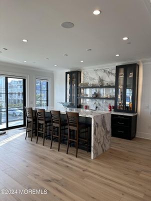 Interior, Kitchen, Marble Walls, Recessed Lighting, Wood Texture Flooring