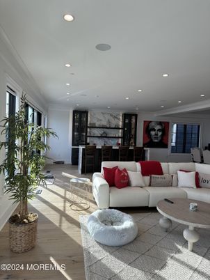 Interior, Living room, Marble Walls, Recessed Lighting, Wood Texture Flooring