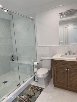 Bathroom, Glass Shower, Interior, Marble Walls, Recessed Lighting