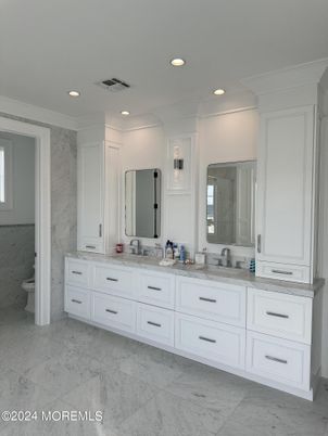 Bathroom, Dual Sink Vanities, Interior, Marble, Recessed Lighting