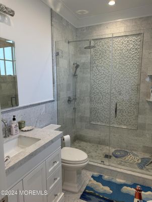 Bathroom, Glass Shower, Interior, Marble Walls, Recessed Lighting