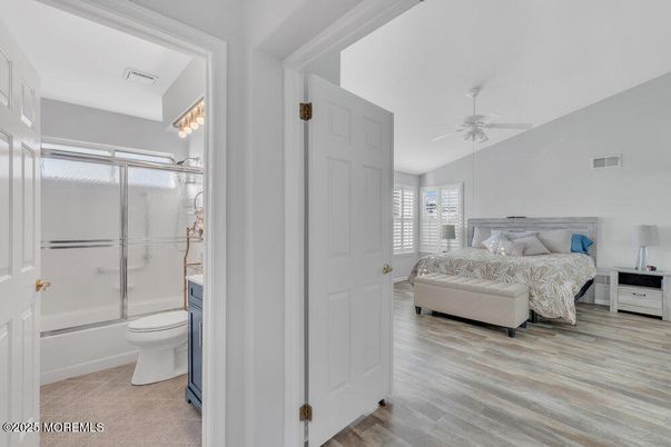 Bathroom, Bedroom, Glass Shower, Interior, Wood Texture Flooring