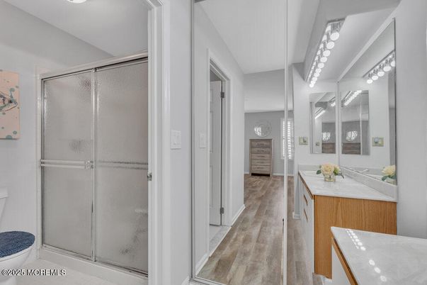 Bathroom, Glass Shower, Interior, Wood Texture Flooring