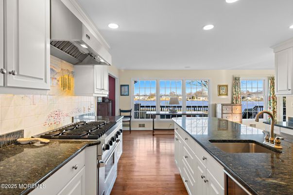Interior, Kitchen, Recessed Lighting, Stainless Steel Appliances, Water, Wood Texture Flooring