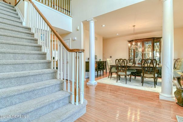 Chandelier, Dining room, Interior, Recessed Lighting, Wood Texture Flooring
