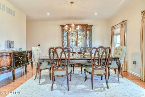 Dining room, Interior, Pendant Lights, Recessed Lighting, Wood Texture Flooring