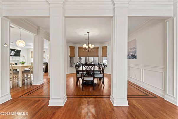 Chandelier, Dining room, Interior, Pendant Lights, Wood Texture Flooring