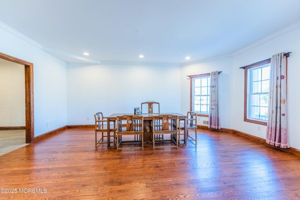 Dining room, Interior, Recessed Lighting, Wood Texture Flooring