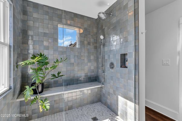 Bathroom, Glass Shower, Interior, Recessed Lighting, Wood Texture Flooring