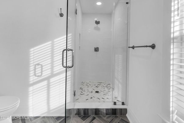 Bathroom, Glass Shower, Interior, Recessed Lighting, Wood Texture Flooring