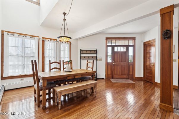 Dining room, Interior, Pendant Lights, Wood Texture Flooring