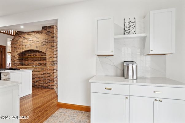 Interior, Kitchen, Marble Walls, Recessed Lighting, Stone Walls, Wood Texture Flooring