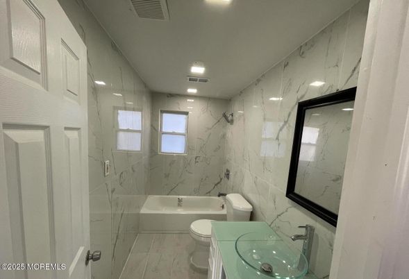 Bathroom, Glass Shower, Interior, Marble Walls, Recessed Lighting