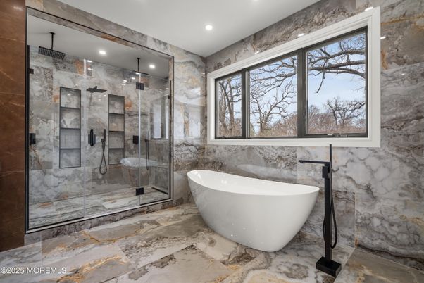 Bathroom, Free Standing Baths, Glass Shower, Interior, Marble Walls, Recessed Lighting