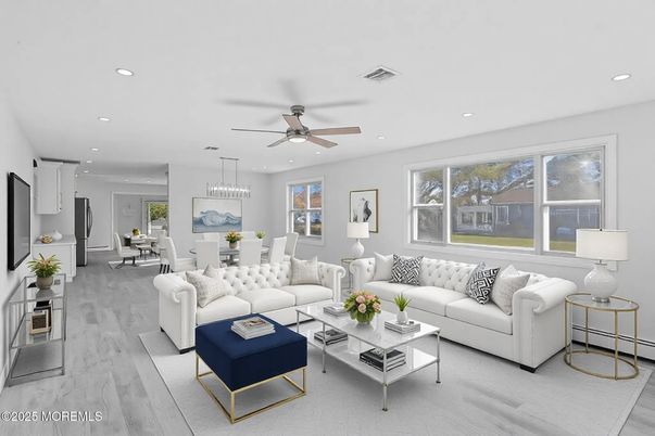 Dining room, Interior, Living room, Pendant Lights, Recessed Lighting, Wood Texture Flooring